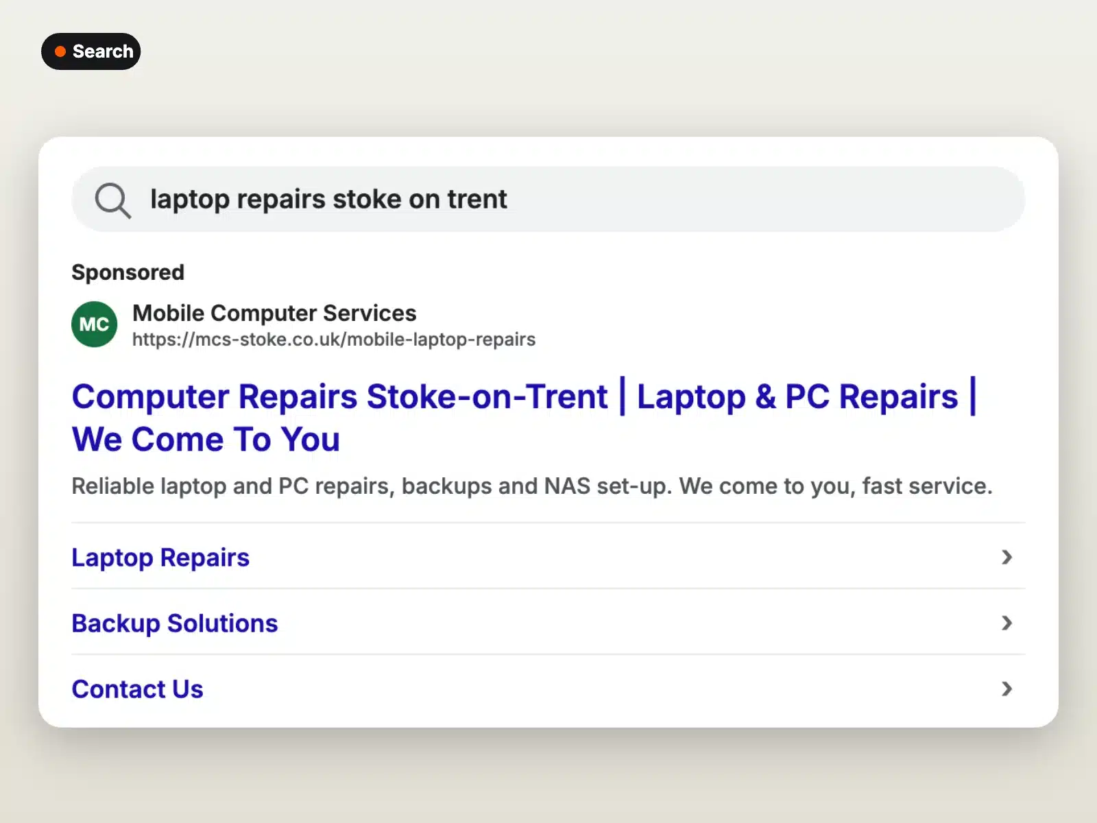 Google search ad for a computer repair business