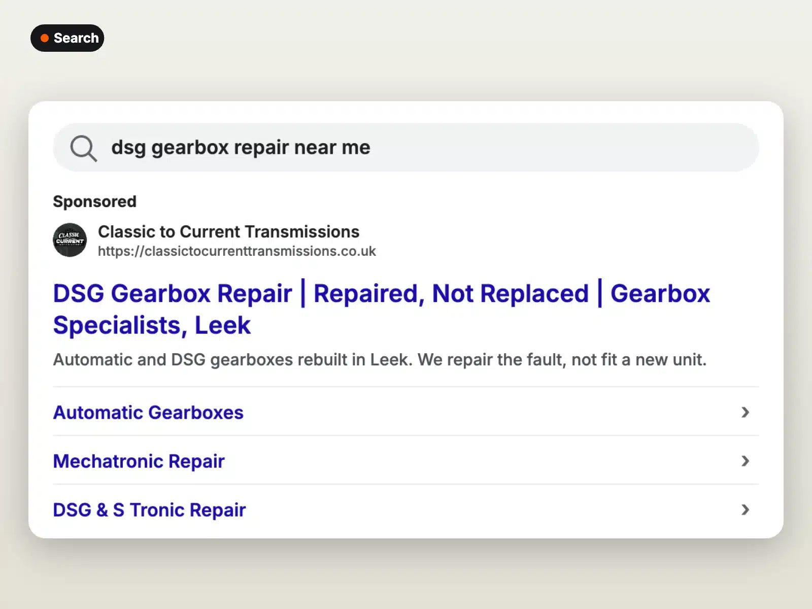 Google search ad for a gearbox specialist