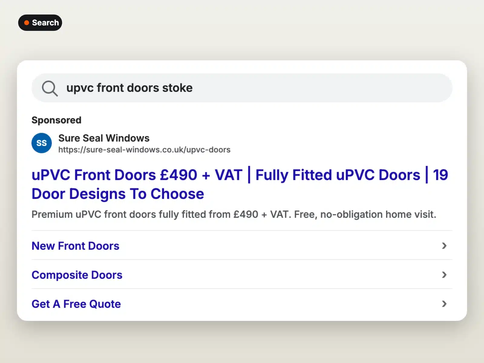 Google search ad for a windows and doors company