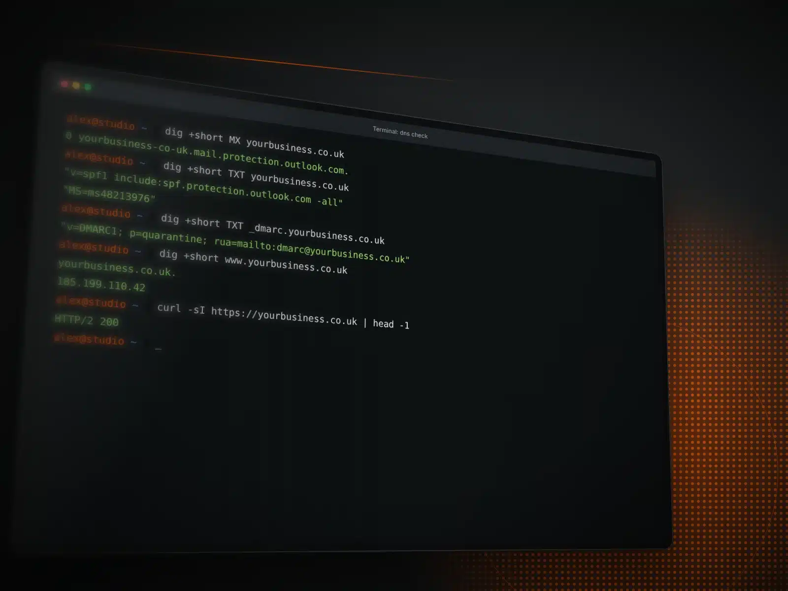 Domains dns terminal check Terminal checking a domain's MX, SPF and DMARC records