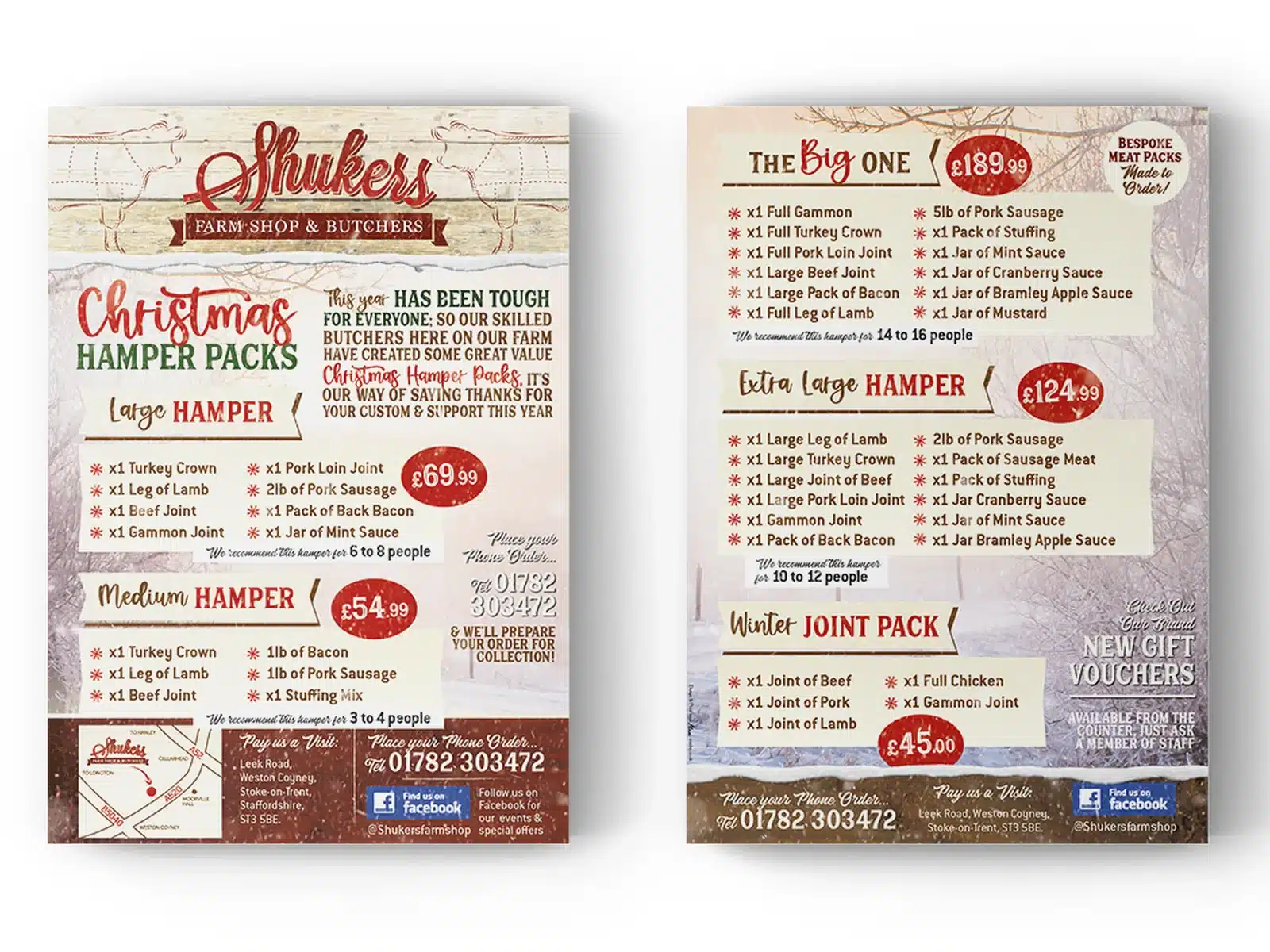 Christmas hamper leaflets for a farm shop and butchers
