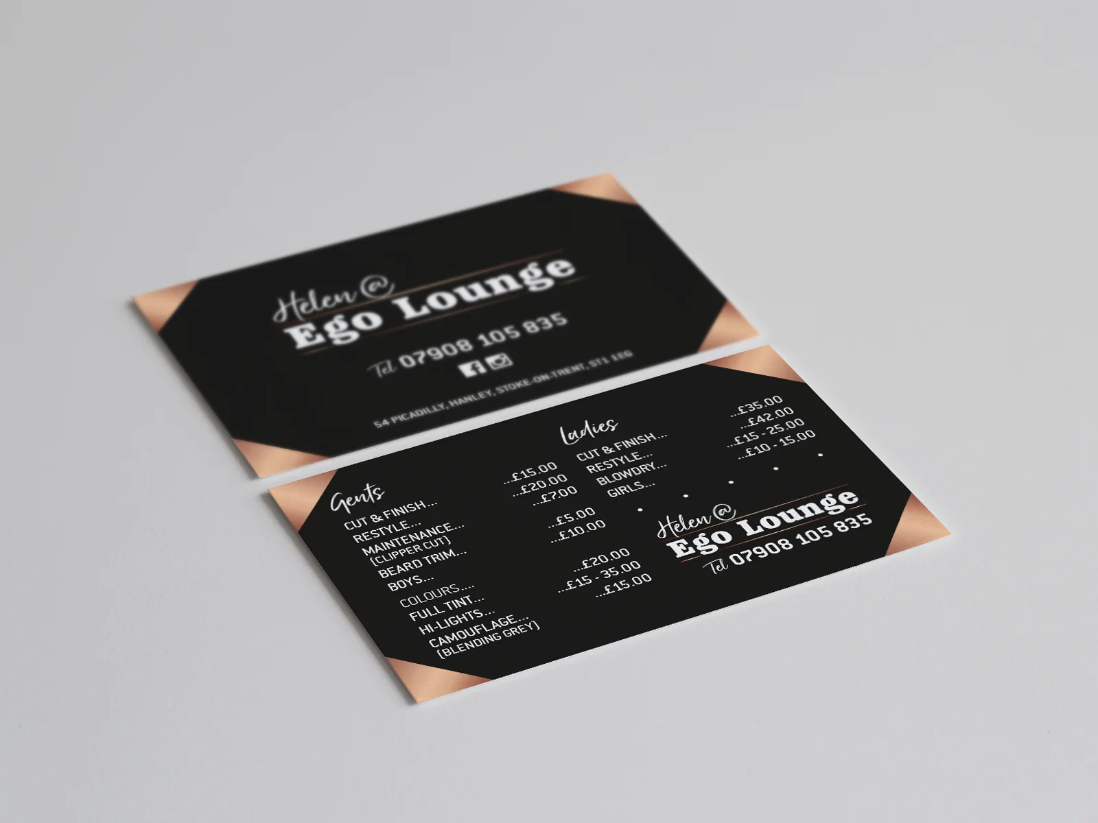 Business cards and price list for a hair salon