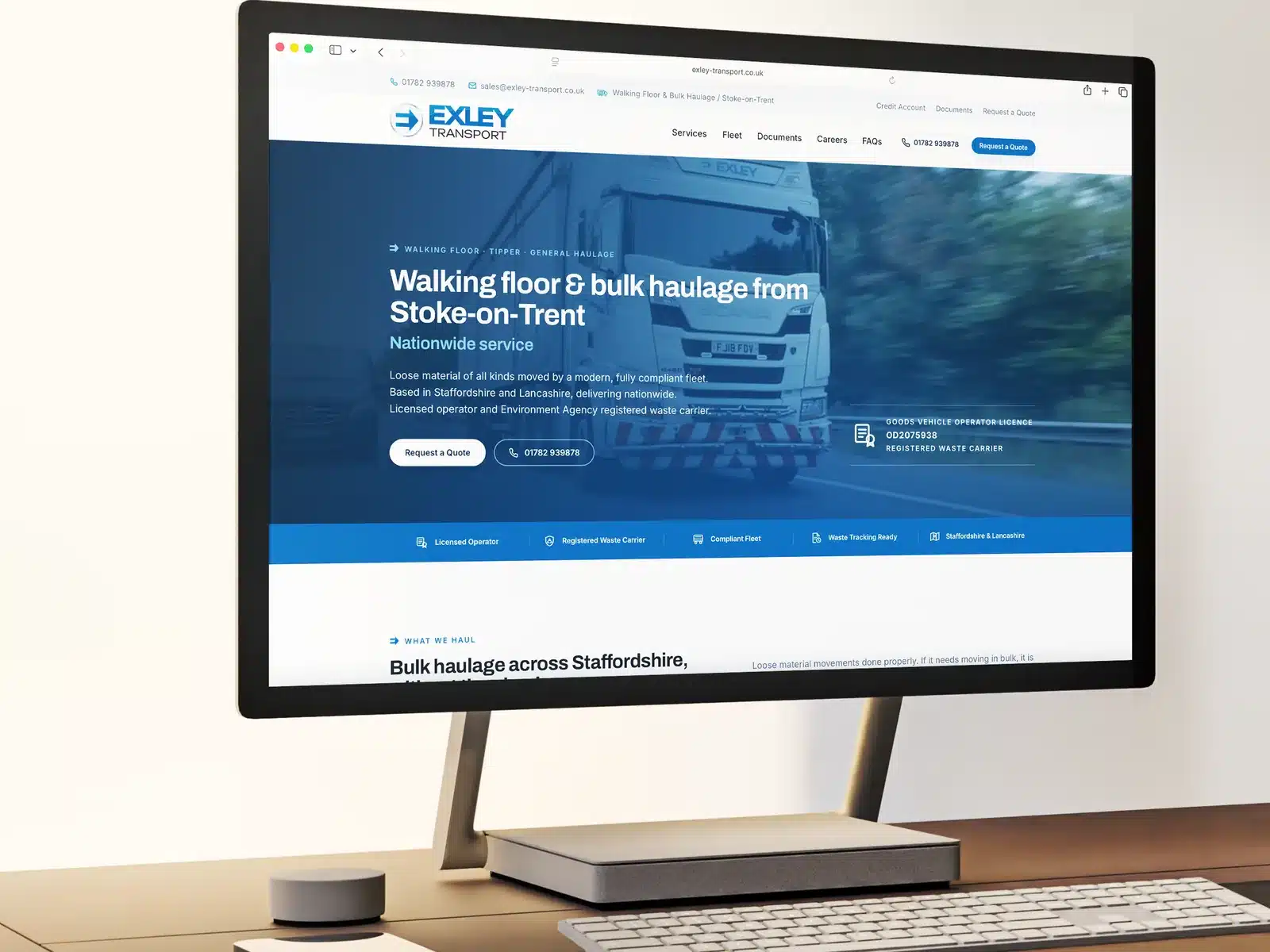 Haulage company website on a desktop screen Haulage company website on a desktop screen