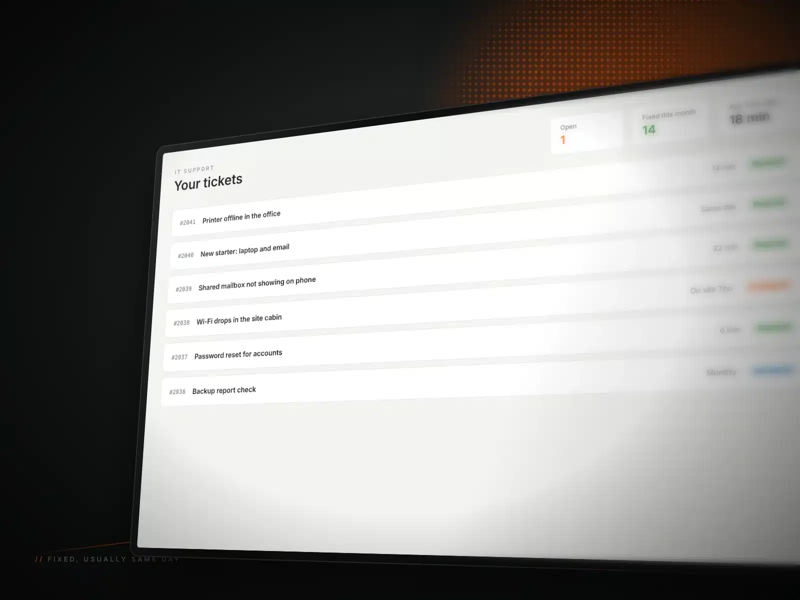 It support ticket dashboard IT support ticket list with most jobs resolved the same day