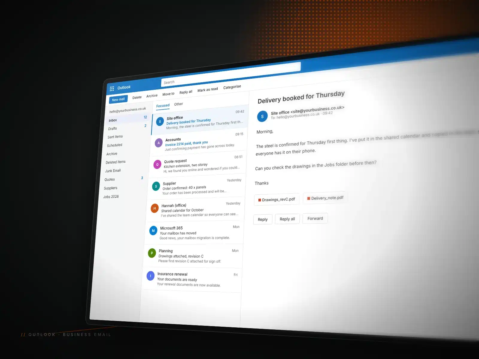 Microsoft 365 outlook inbox mockup Outlook inbox on a business email account, shown on a tilted laptop screen