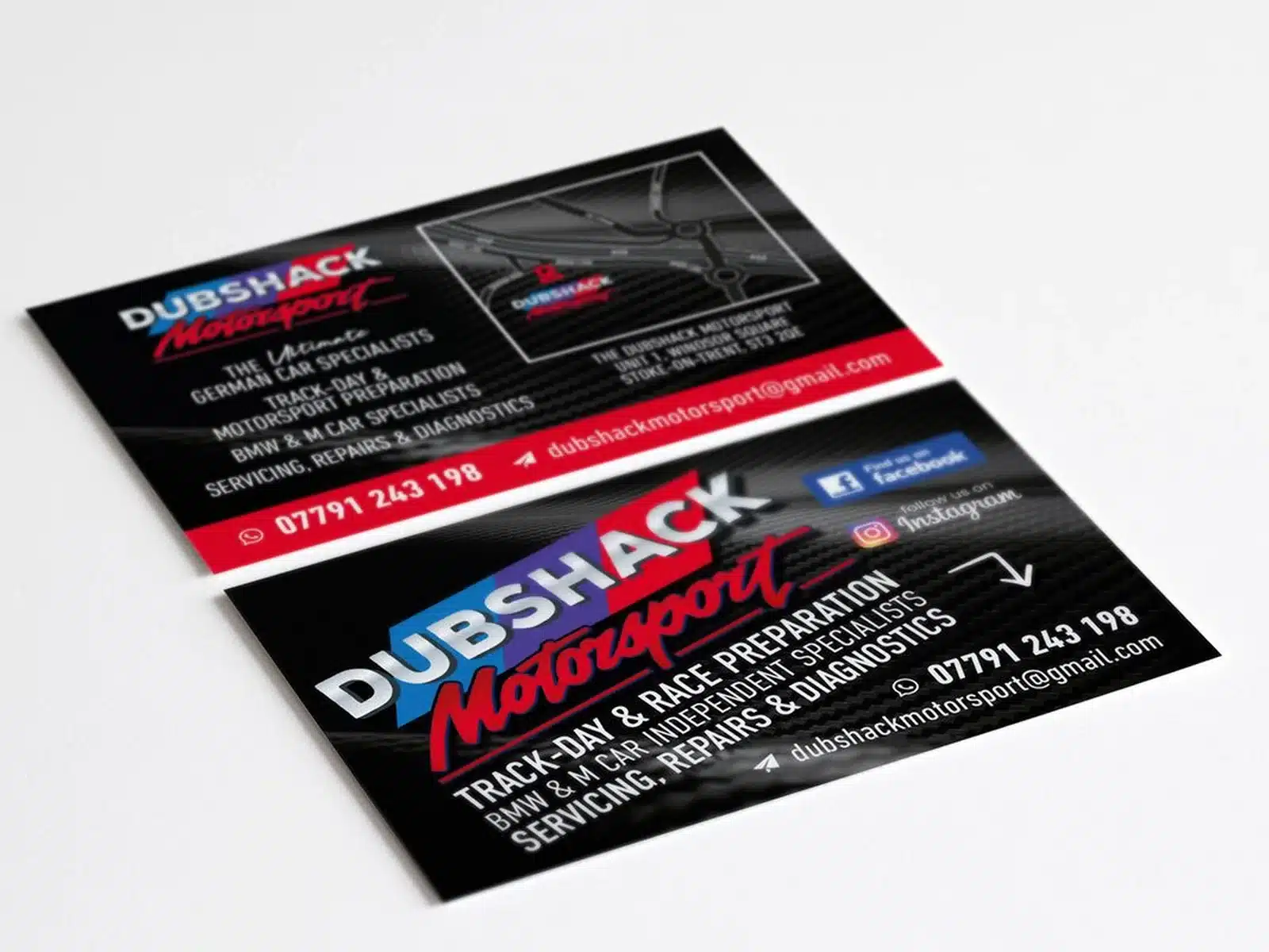 Business cards for a motorsport garage