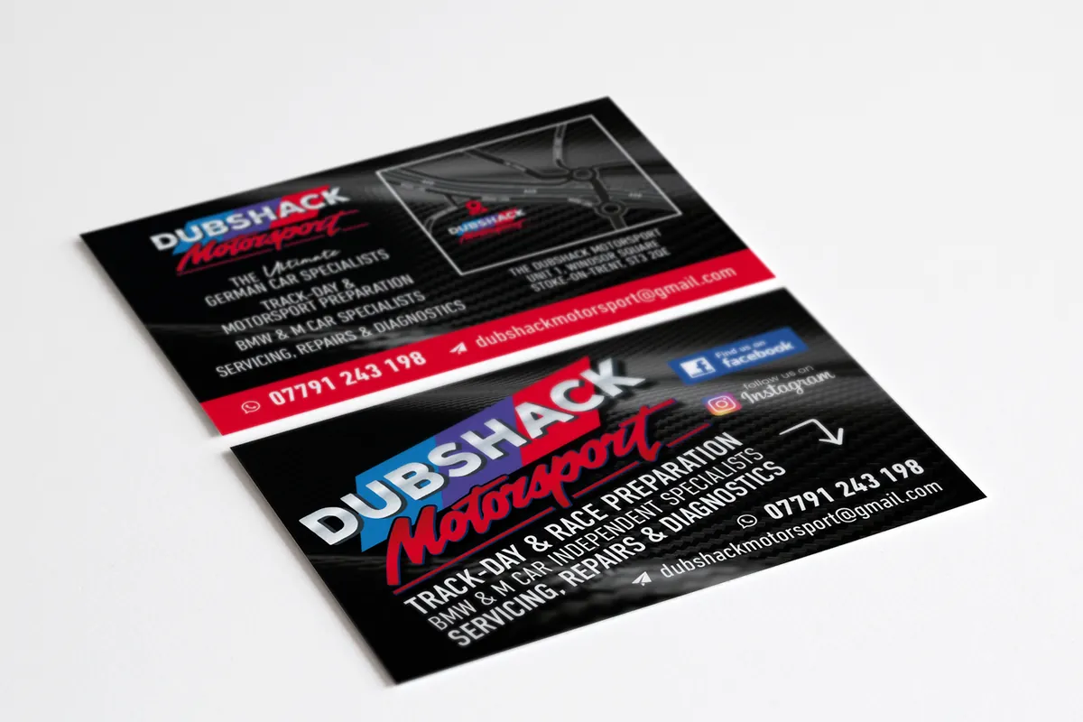 Business cards for a motorsport preparation garage