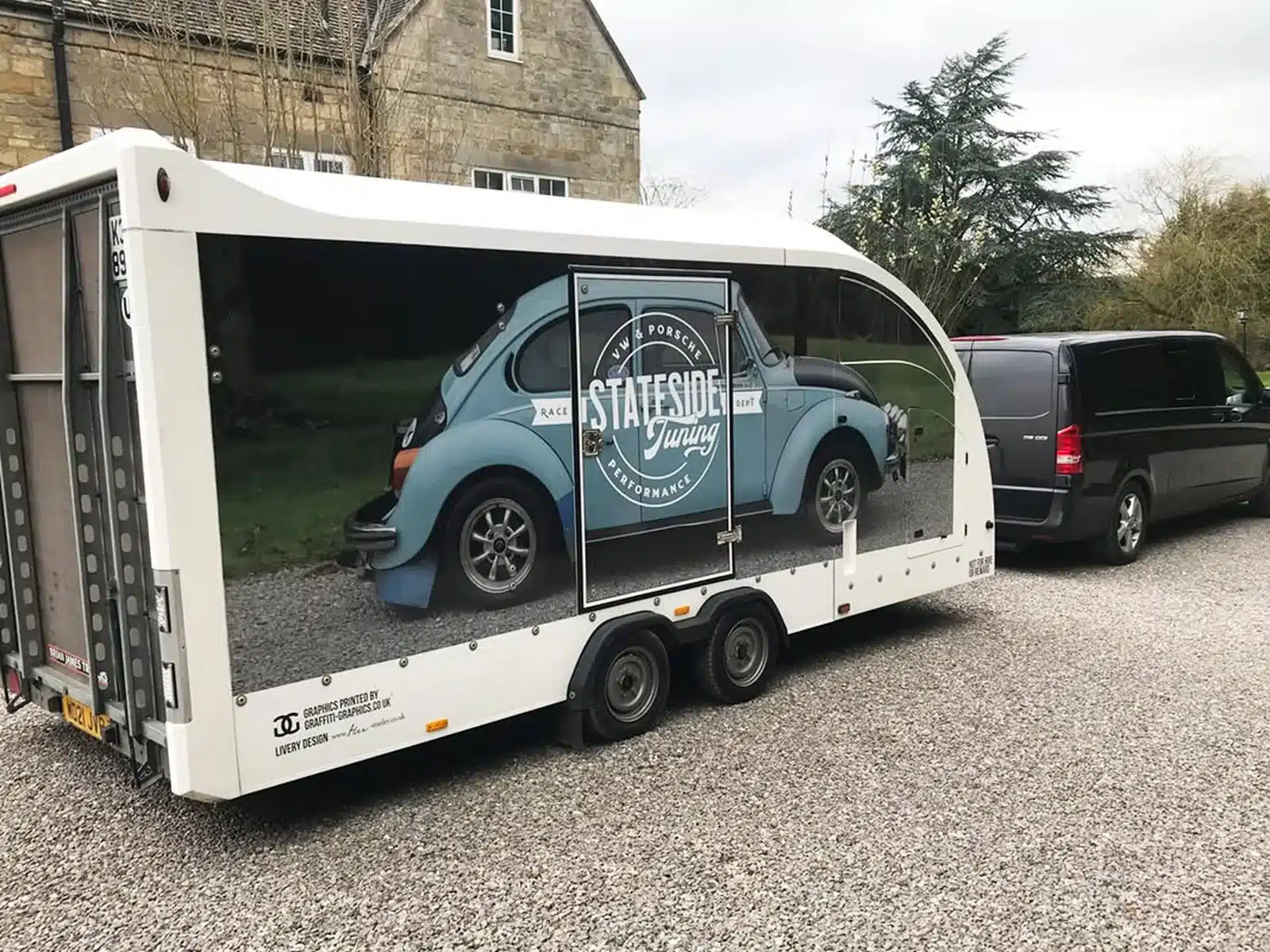 Livery graphics on an enclosed race car trailer