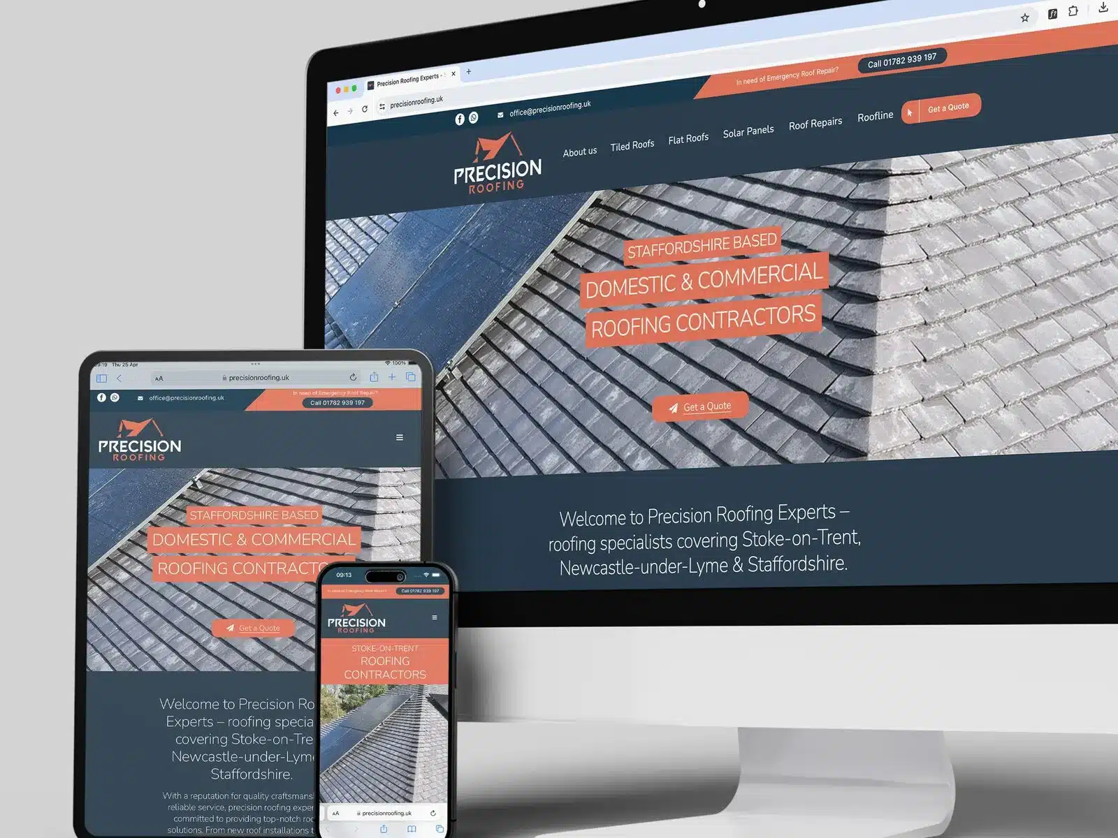 Roofing company website on a desktop and phone