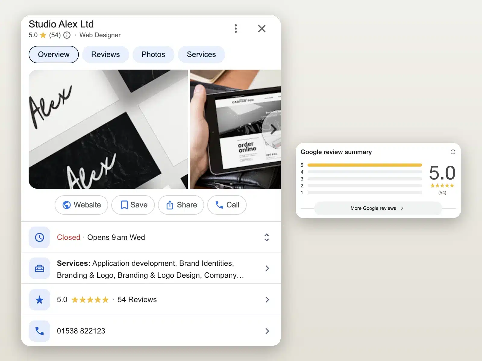 Studio Alex Google Business Profile with a 5.0 rating from 54 Google reviews Studio Alex Google Business Profile with a 5.0 rating from 54 Google reviews