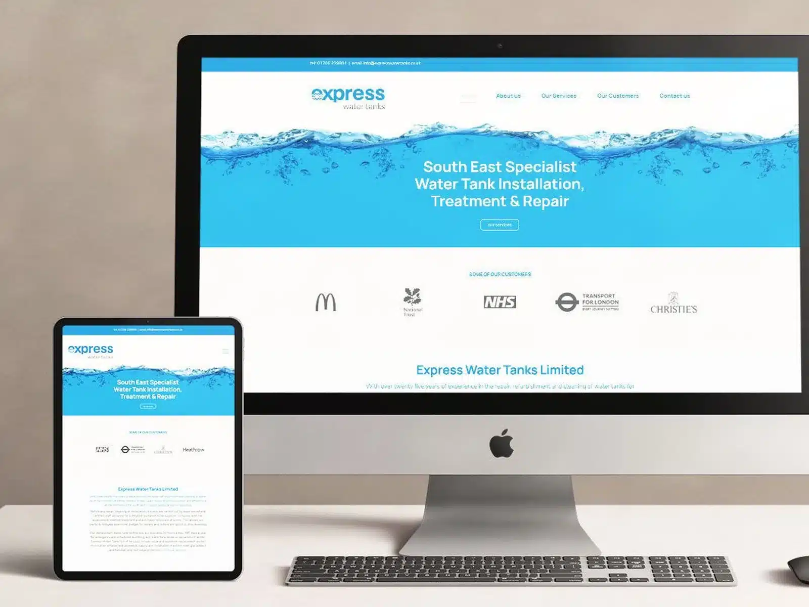 Water tank company website Water tank company website on a desktop and tablet